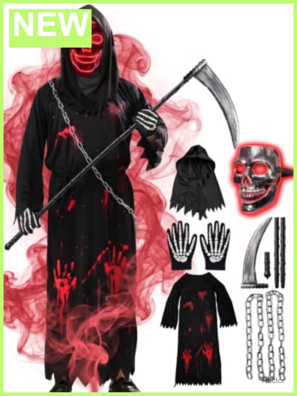 Grim Reaper Costume LED Skull Mask Scythe Skeleton Gloves Halloween